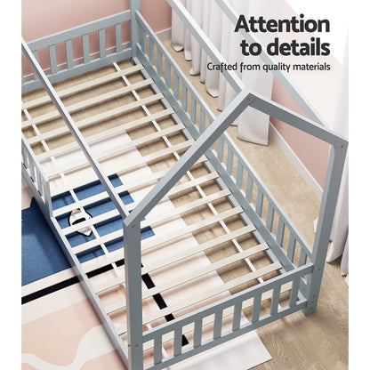 Artiss Wooden Bed Frame House Shape Pine Timber Base Single Size Platform Grey-Bed Frames-PEROZ Accessories