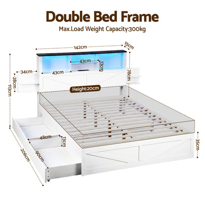Artiss Double Bed Frame with Storage Drawers White Platform Bedframe with Bookcase Headboard Charging Station Led Light-Furniture > Bedroom > Beds &amp; Bed Frames-PEROZ Accessories