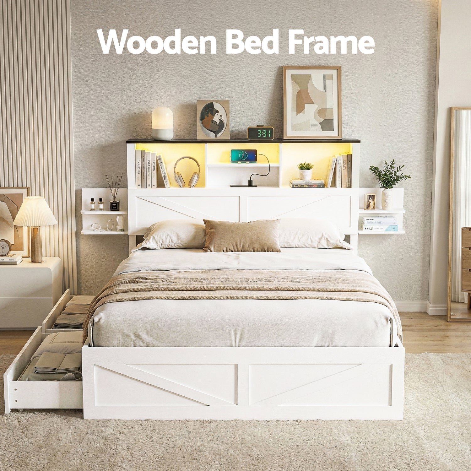 Artiss Double Bed Frame with Storage Drawers White Platform Bedframe with Bookcase Headboard Charging Station Led Light-Furniture > Bedroom > Beds &amp; Bed Frames-PEROZ Accessories