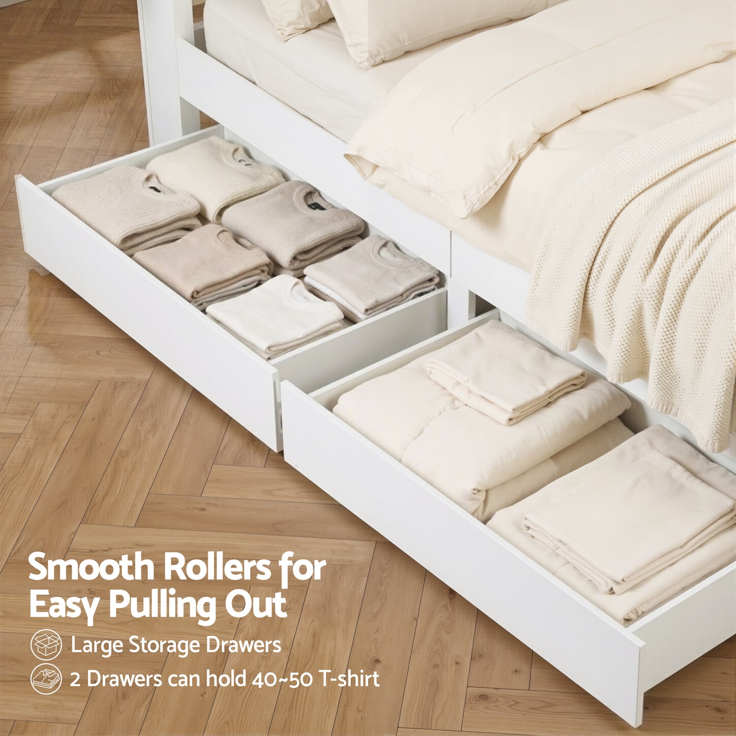 Artiss Double Bed Frame with Storage Drawers White Platform Bedframe with Bookcase Headboard Charging Station Led Light-Furniture > Bedroom > Beds &amp; Bed Frames-PEROZ Accessories