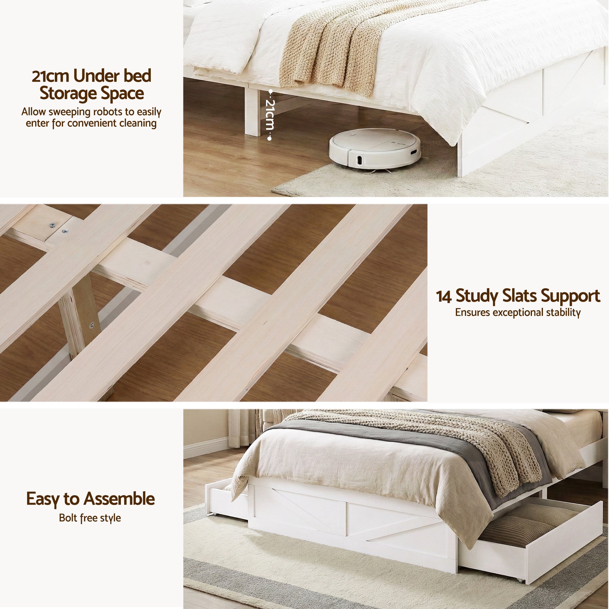 Artiss Double Bed Frame with Storage Drawers White Platform Bedframe with Bookcase Headboard Charging Station Led Light-Furniture > Bedroom > Beds &amp; Bed Frames-PEROZ Accessories