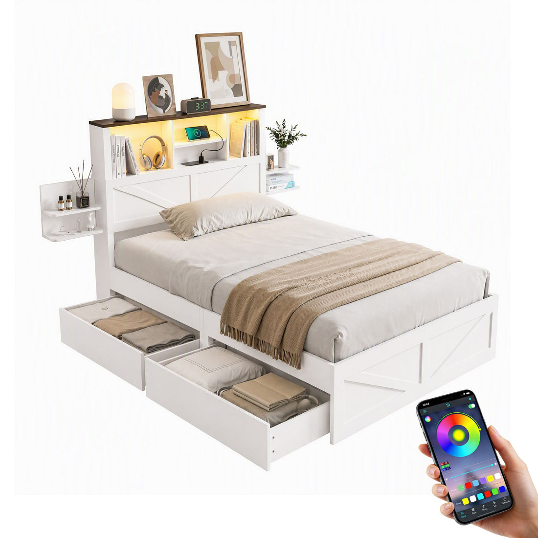 Artiss King Single Bed Frame with Storage Drawers White Platform Bedframe with Bookcase Headboard Charging Station Led Light-Baby &amp; Kids > Kid&
