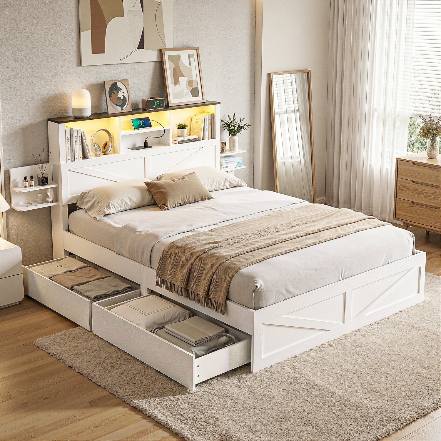 Artiss Queen Bed Frame with Storage Drawers White Platform Bedframe with Bookcase Headboard Charging Station Led Light-Furniture > Bedroom > Beds &amp; Bed Frames-PEROZ Accessories
