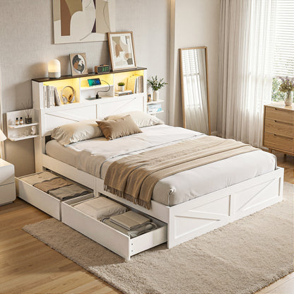 Artiss Queen Bed Frame with Storage Drawers White Platform Bedframe with Bookcase Headboard Charging Station Led Light-Furniture > Bedroom > Beds &amp; Bed Frames-PEROZ Accessories