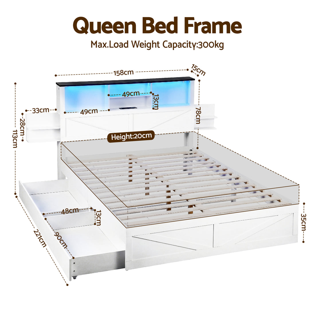 Artiss Queen Bed Frame with Storage Drawers White Platform Bedframe with Bookcase Headboard Charging Station Led Light-Furniture > Bedroom > Beds &amp; Bed Frames-PEROZ Accessories
