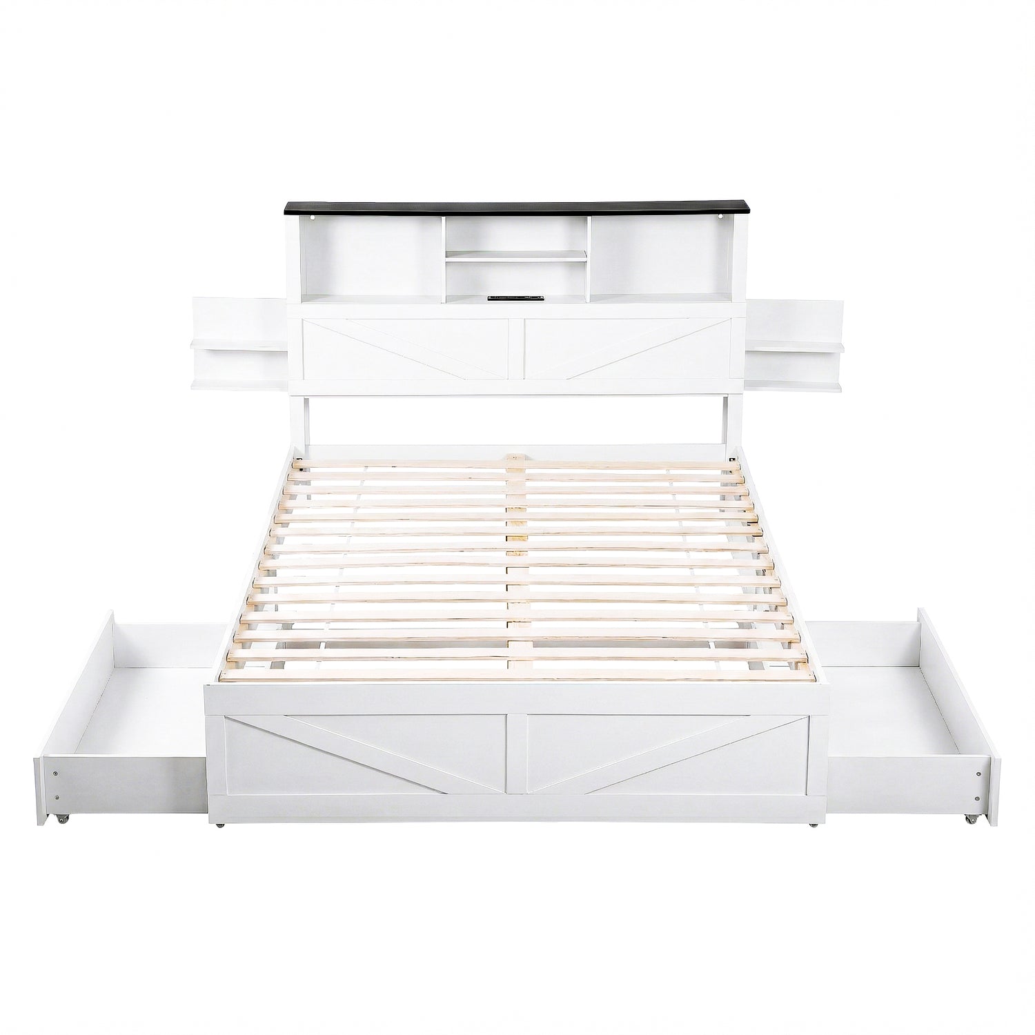 Artiss Queen Bed Frame with Storage Drawers White Platform Bedframe with Bookcase Headboard Charging Station Led Light-Furniture > Bedroom > Beds &amp; Bed Frames-PEROZ Accessories