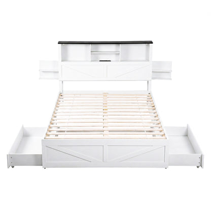 Artiss Queen Bed Frame with Storage Drawers White Platform Bedframe with Bookcase Headboard Charging Station Led Light-Furniture > Bedroom > Beds &amp; Bed Frames-PEROZ Accessories