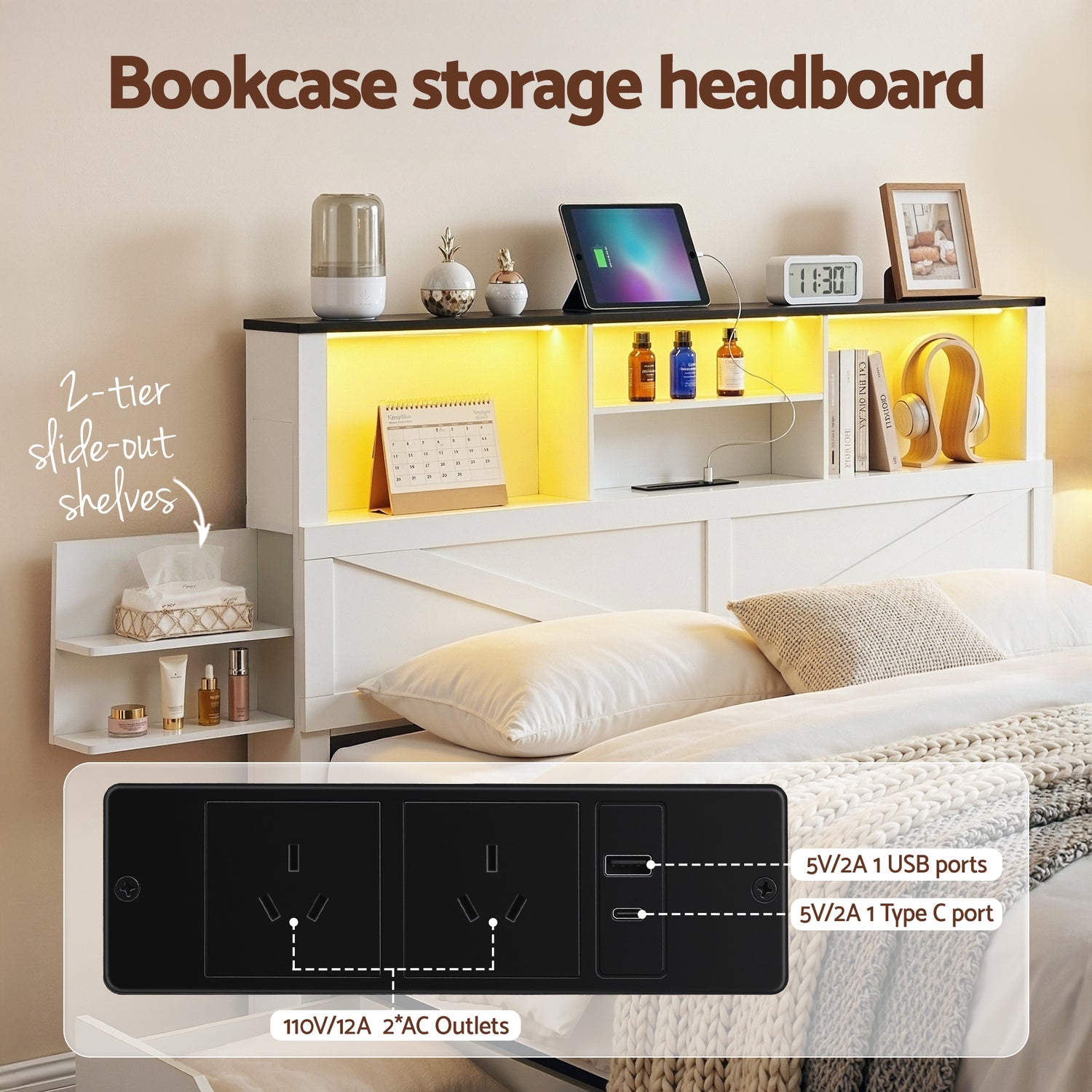 Artiss Queen Bed Frame with Storage Drawers White Platform Bedframe with Bookcase Headboard Charging Station Led Light-Furniture > Bedroom > Beds &amp; Bed Frames-PEROZ Accessories
