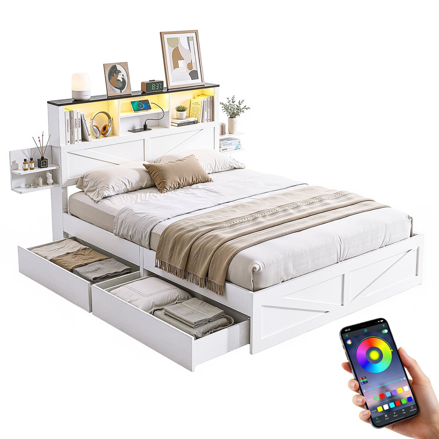 Artiss Queen Bed Frame with Storage Drawers White Platform Bedframe with Bookcase Headboard Charging Station Led Light-Furniture > Bedroom > Beds &amp; Bed Frames-PEROZ Accessories