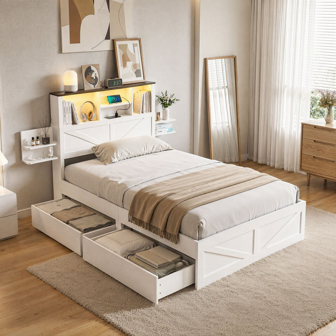 Artiss Single Bed Frame with Storage Drawers White Platform Bedframe with Bookcase Headboard Charging Station Led Light-Baby &amp; Kids > Kid&