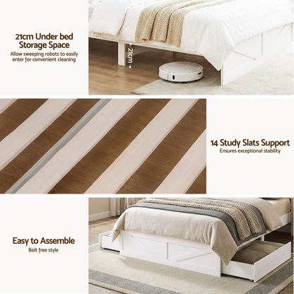 Artiss Single Bed Frame with Storage Drawers White Platform Bedframe with Bookcase Headboard Charging Station Led Light