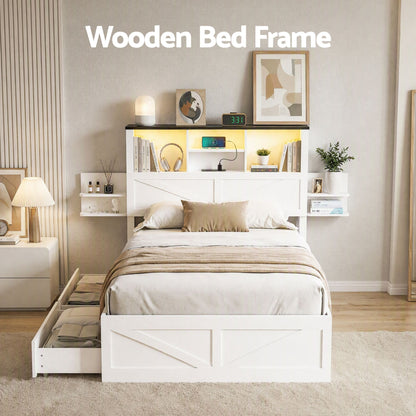 Artiss Single Bed Frame with Storage Drawers White Platform Bedframe with Bookcase Headboard Charging Station Led Light