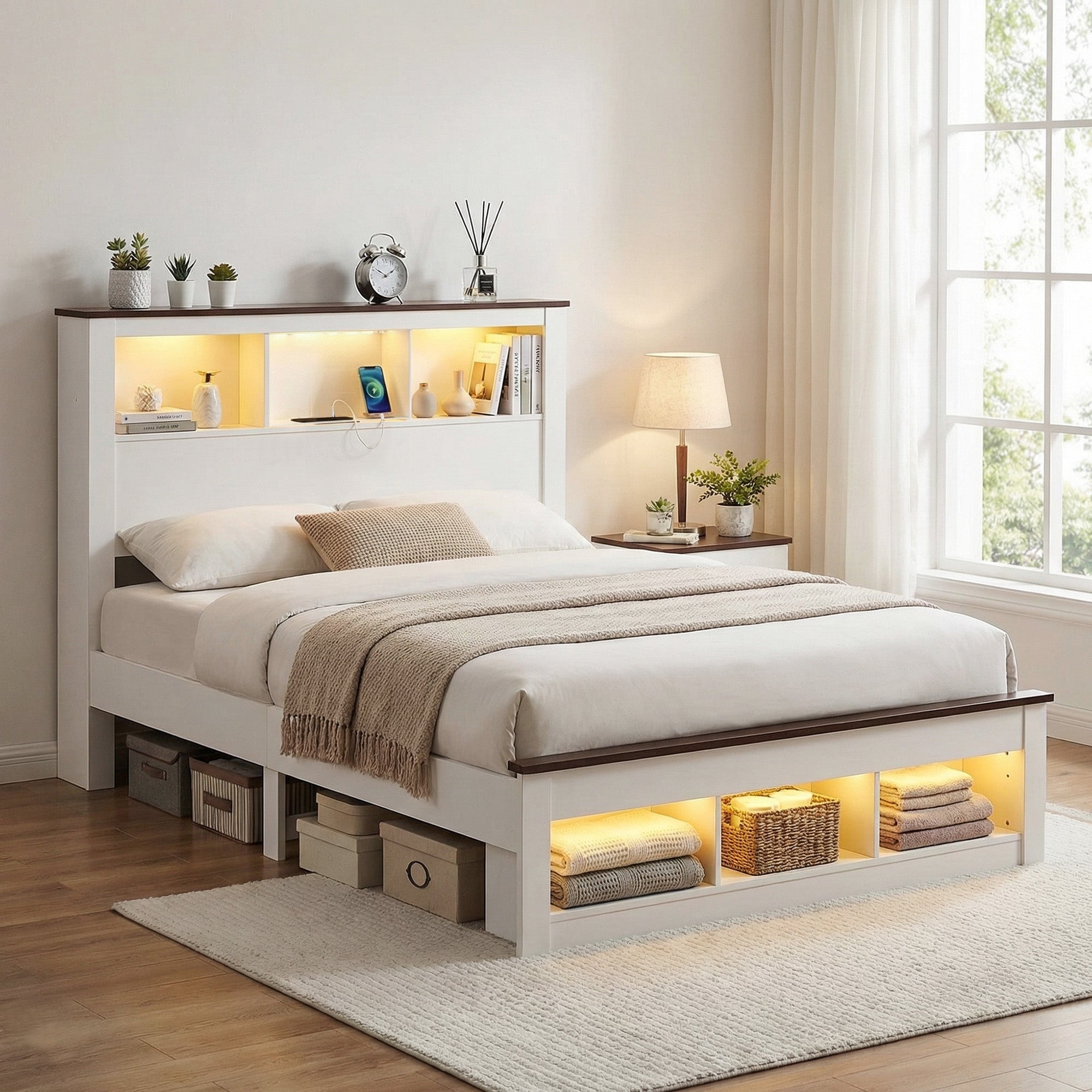 Artiss Double Bed Frame with Storage Bookcase Headboard and Footboard White Wooden Platform Bed with Charging Station and Led Light Bedroom Furniture-Furniture > Living Room > TV Units-PEROZ Accessories