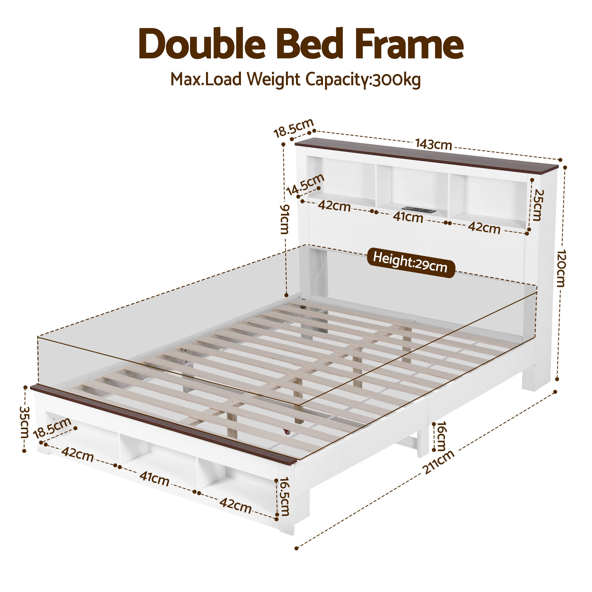 Artiss Double Bed Frame with Storage Bookcase Headboard and Footboard White Wooden Platform Bed with Charging Station and Led Light Bedroom Furniture-Furniture > Living Room > TV Units-PEROZ Accessories