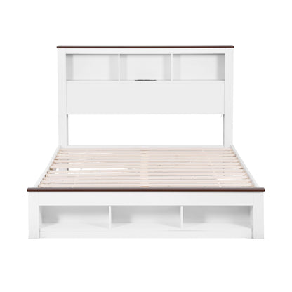 Artiss Double Bed Frame with Storage Bookcase Headboard and Footboard White Wooden Platform Bed with Charging Station and Led Light Bedroom Furniture-Furniture > Living Room > TV Units-PEROZ Accessories