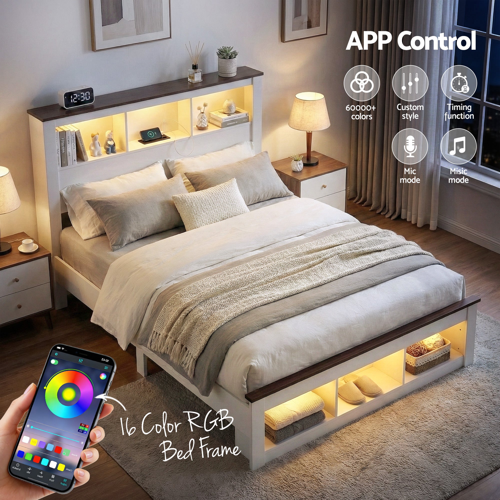 Artiss Double Bed Frame with Storage Bookcase Headboard and Footboard White Wooden Platform Bed with Charging Station and Led Light Bedroom Furniture-Furniture > Living Room > TV Units-PEROZ Accessories