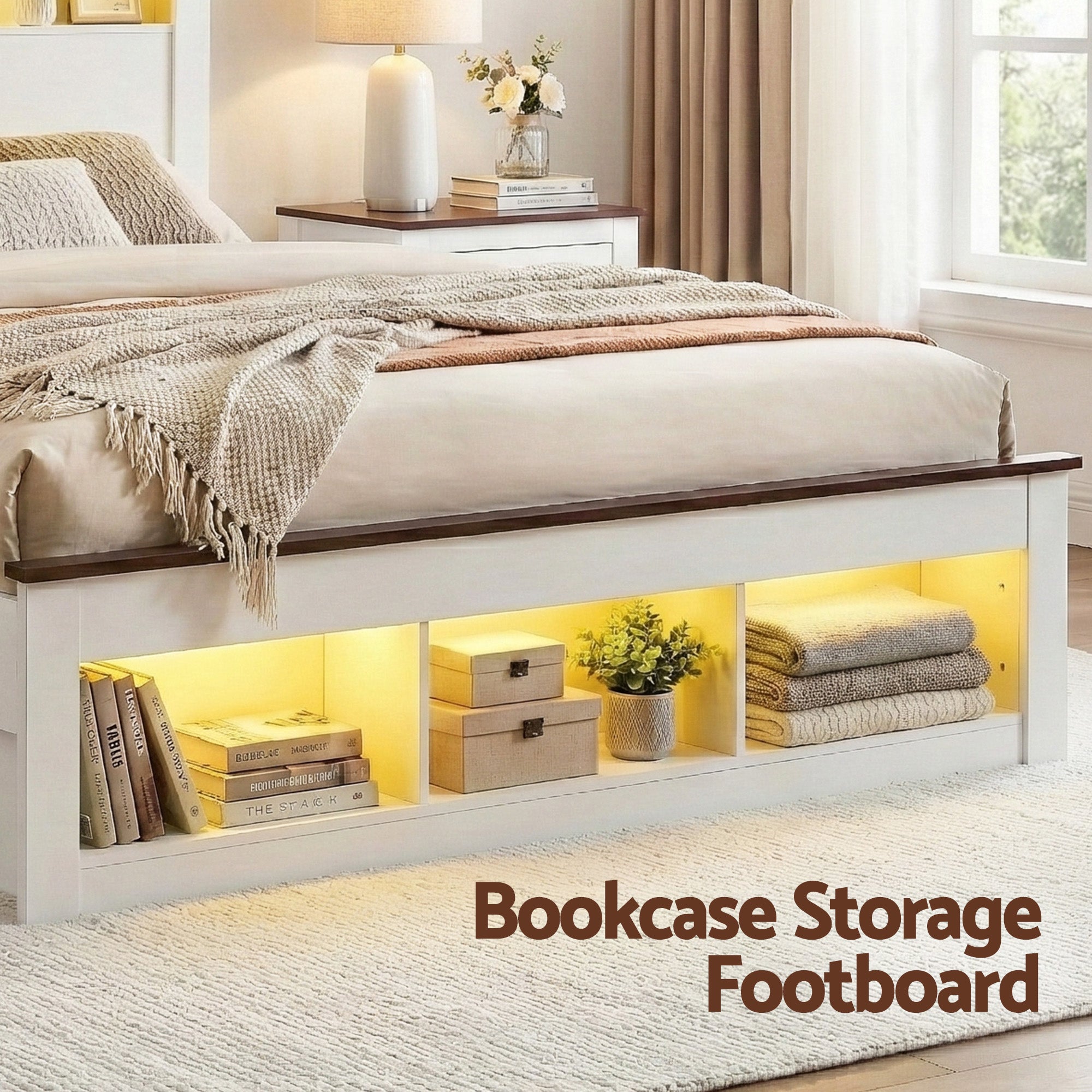 Artiss Double Bed Frame with Storage Bookcase Headboard and Footboard White Wooden Platform Bed with Charging Station and Led Light Bedroom Furniture-Furniture > Living Room > TV Units-PEROZ Accessories