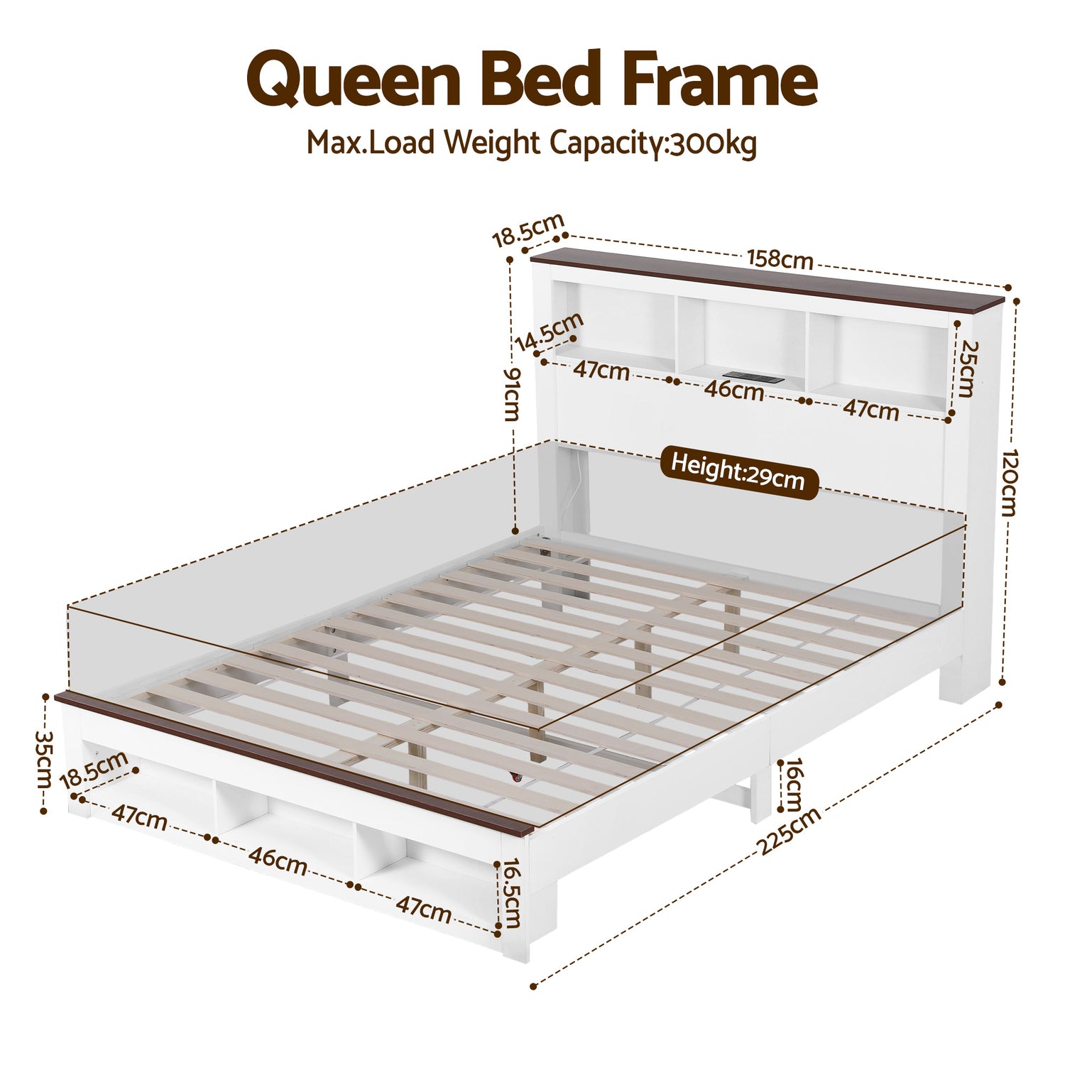 Artiss Queen Bed Frame with Storage Bookcase Headboard and Footboard White Wooden Platform Bed with Charging Station and Led Light Bedroom Furniture-Furniture > Living Room > TV Units-PEROZ Accessories