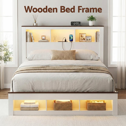 Artiss Queen Bed Frame with Storage Bookcase Headboard and Footboard White Wooden Platform Bed with Charging Station and Led Light Bedroom Furniture-Furniture > Living Room > TV Units-PEROZ Accessories