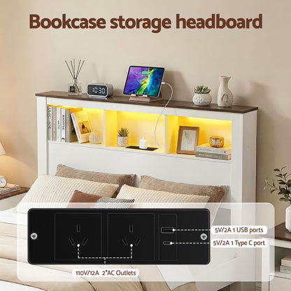 Artiss Queen Bed Frame with Storage Bookcase Headboard and Footboard White Wooden Platform Bed with Charging Station and Led Light Bedroom Furniture-Furniture > Living Room > TV Units-PEROZ Accessories