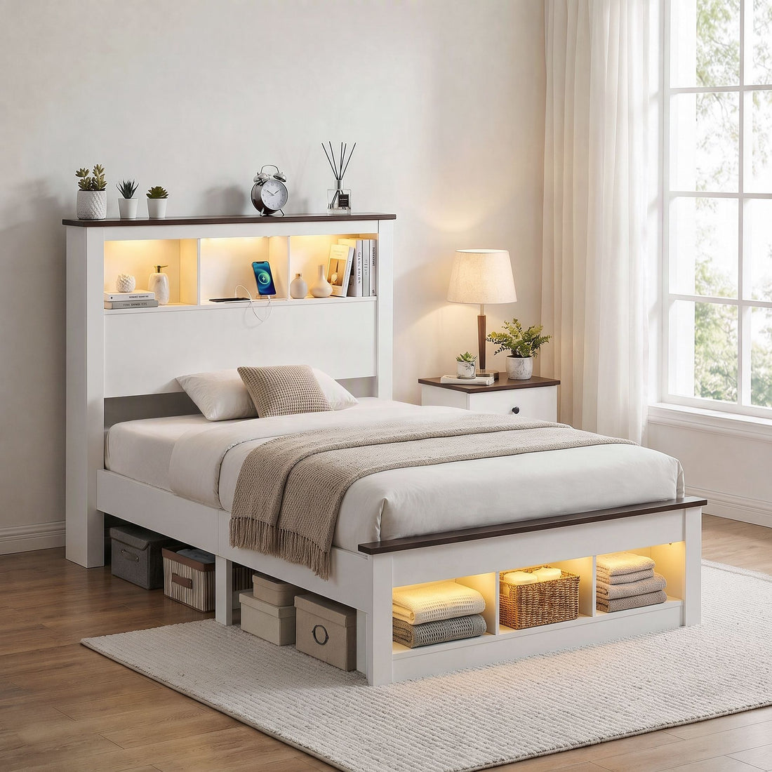 Artiss Single Bed Frame with Storage Bookcase Headboard and Footboard, White-Baby &amp; Kids > Kid&