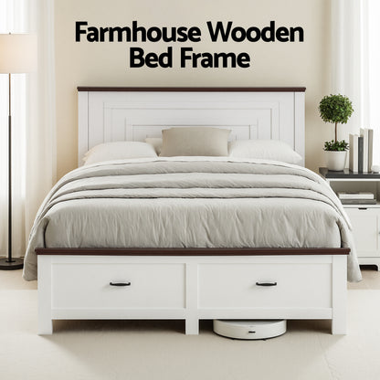 Artiss Double Wooden Bed Frame with 2 Drawer Platform Bed with 108cm Solid High Headboard White Bed Base for Bedroom Easy Assembly-Furniture > Bedroom > Beds &amp; Bed Frames-PEROZ Accessories