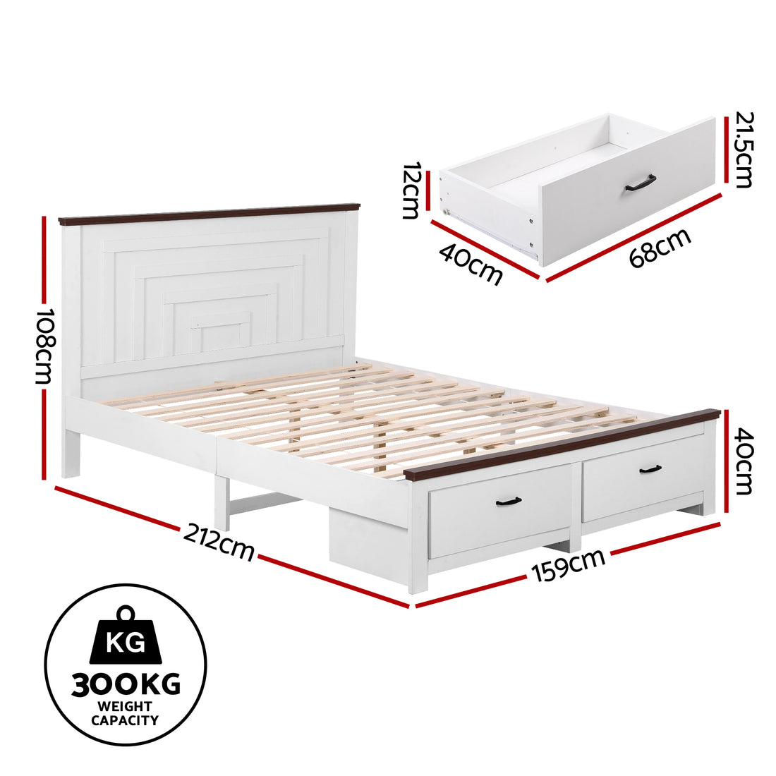 Artiss Queen Wooden Bed Frame with 2 Drawer Platform Bed with 108cm Solid High Headboard White Bed Base for Bedroom Easy Assembly-Furniture > Bedroom > Beds &amp; Bed Frames-PEROZ Accessories