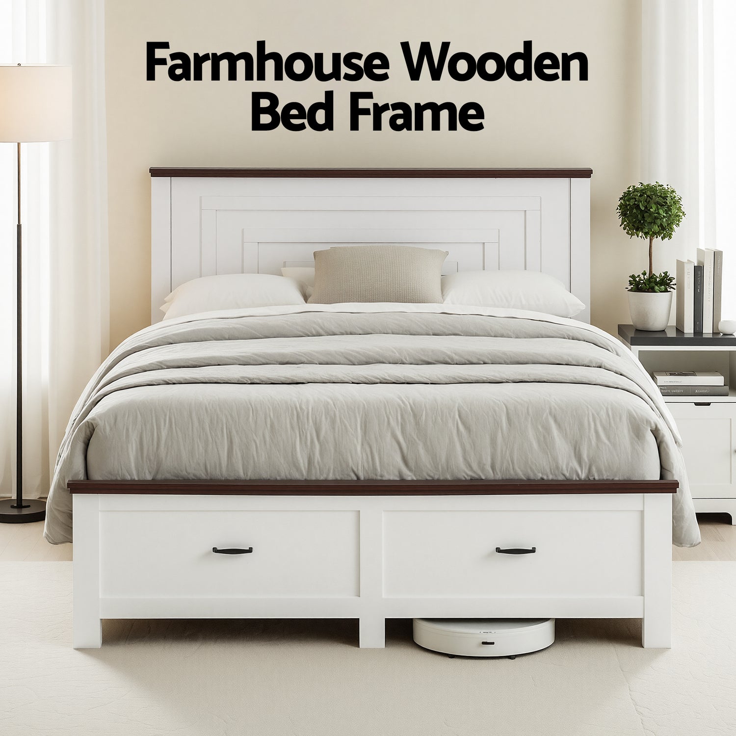 Artiss Queen Wooden Bed Frame with 2 Drawer Platform Bed with 108cm Solid High Headboard White Bed Base for Bedroom Easy Assembly-Furniture > Bedroom > Beds &amp; Bed Frames-PEROZ Accessories