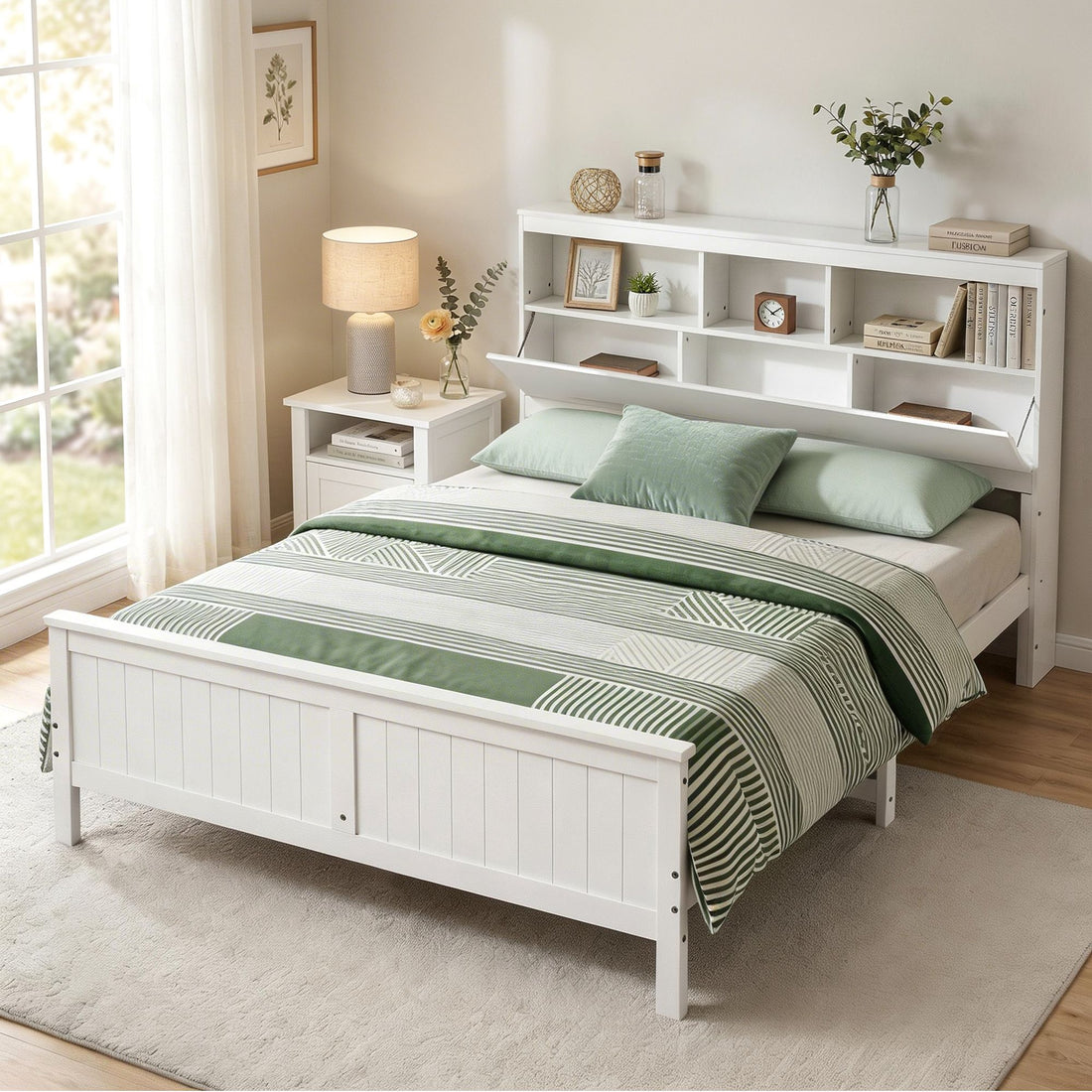 Artiss Queen Bed Frame with Storage Headboard and Footboard Wooden Bed Base White-Furniture > Bedroom > Beds &amp; Bed Frames-PEROZ Accessories