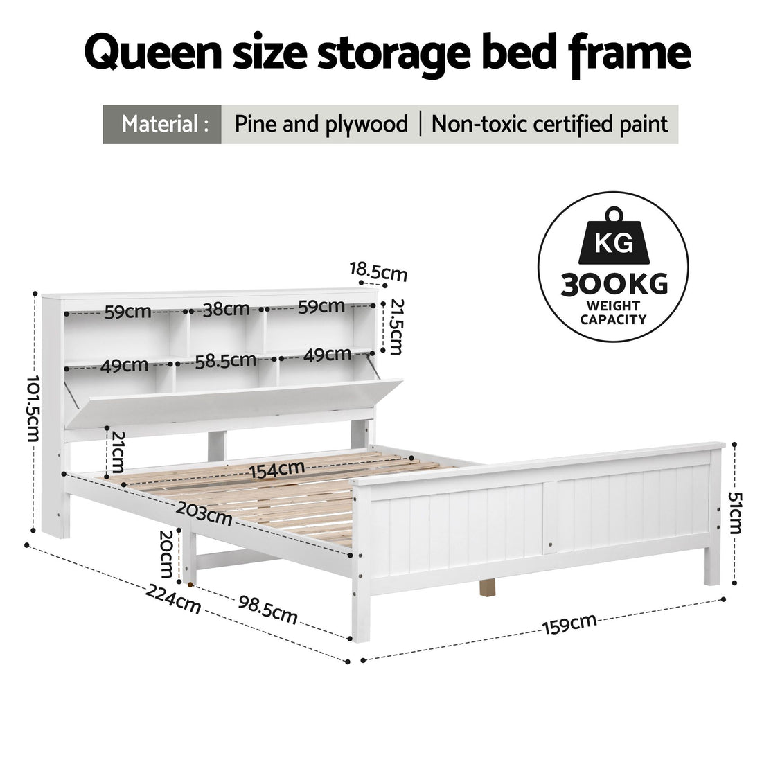 Artiss Queen Bed Frame with Storage Headboard and Footboard Wooden Bed Base White-Furniture > Bedroom > Beds &amp; Bed Frames-PEROZ Accessories