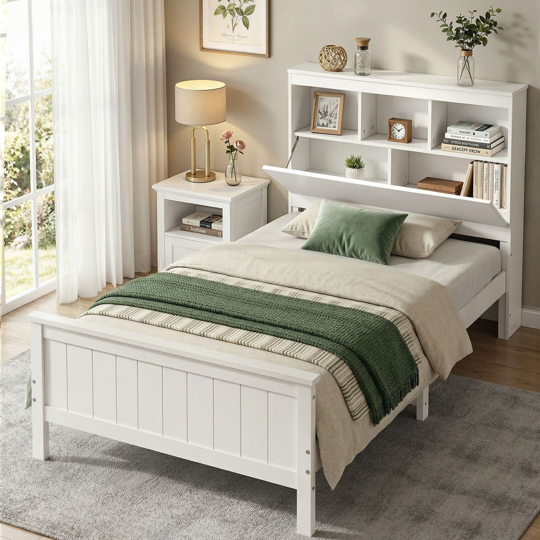 Artiss Single Bed Frame with Storage Headboard and Footboard Wooden Bed Base White-Furniture > Bedroom > Beds &amp; Bed Frames-PEROZ Accessories