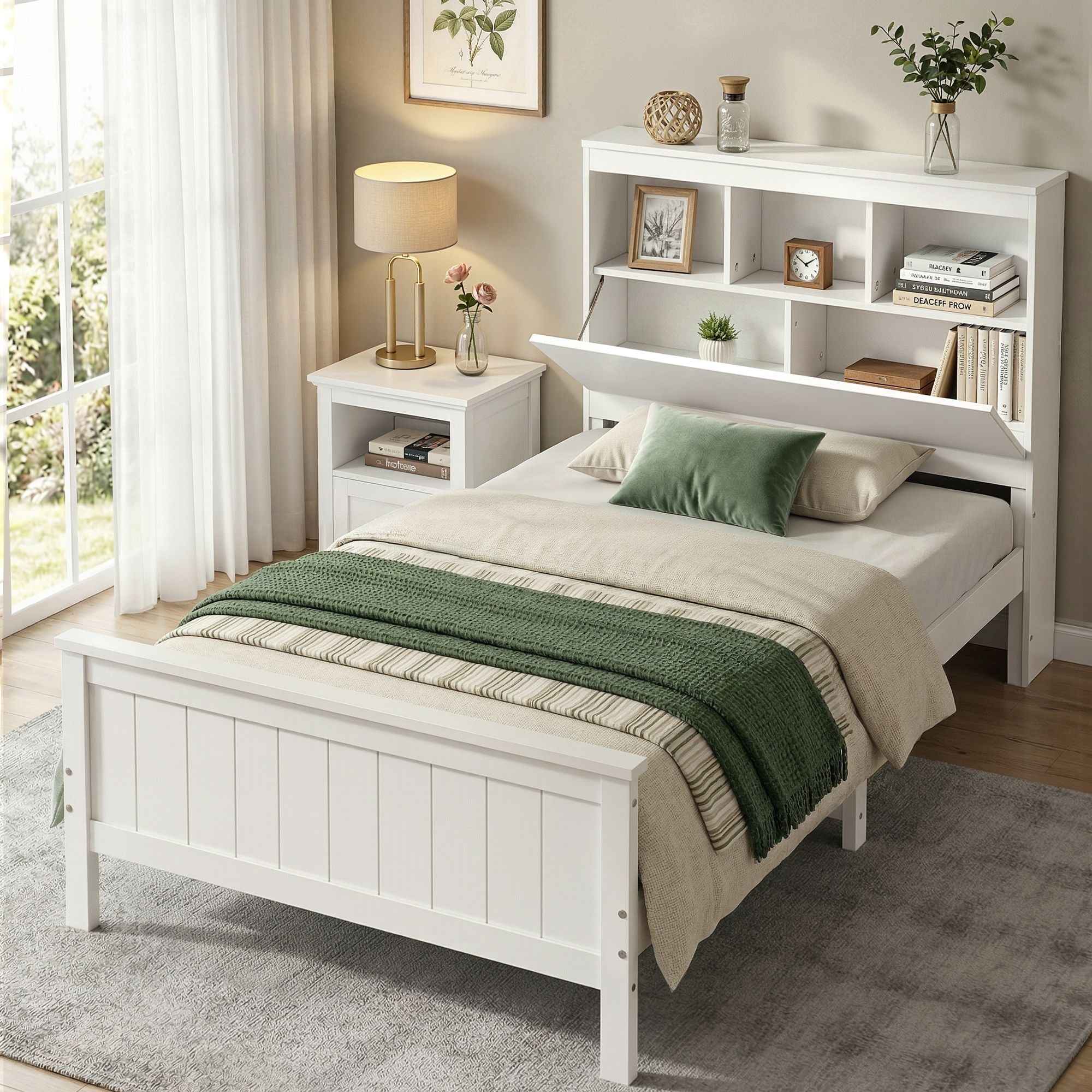 Artiss Single Bed Frame with Storage Headboard and Footboard Wooden Bed Base White-Furniture > Bedroom > Beds &amp; Bed Frames-PEROZ Accessories