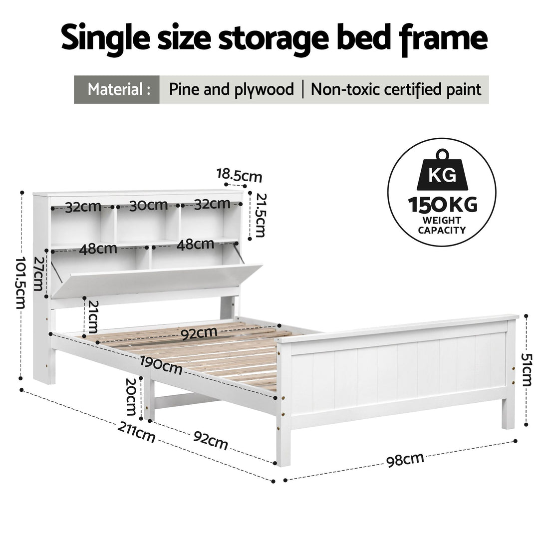 Artiss Single Bed Frame with Storage Headboard and Footboard Wooden Bed Base White-Furniture > Bedroom > Beds &amp; Bed Frames-PEROZ Accessories
