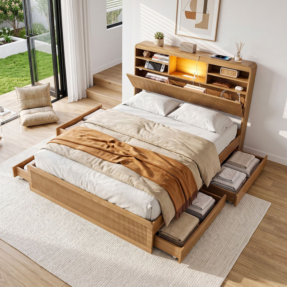 Artiss Double Bed Frame with Storage, 4 Drawers, USB and Night Light Natural-Furniture > Bedroom > Beds &amp; Bed Frames-PEROZ Accessories
