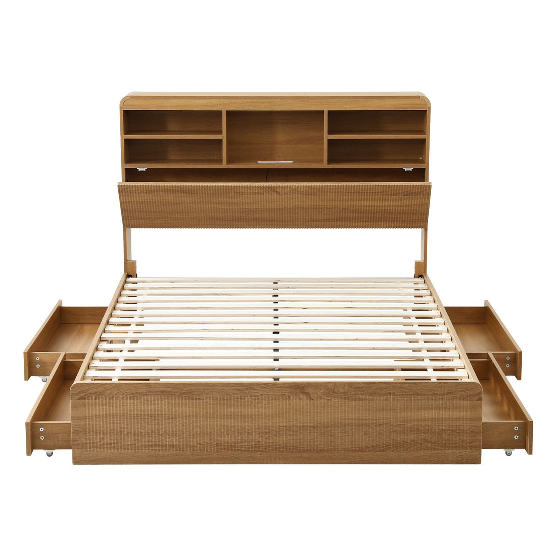 Artiss Double Bed Frame with Storage, 4 Drawers, USB and Night Light Natural-Furniture > Bedroom > Beds &amp; Bed Frames-PEROZ Accessories