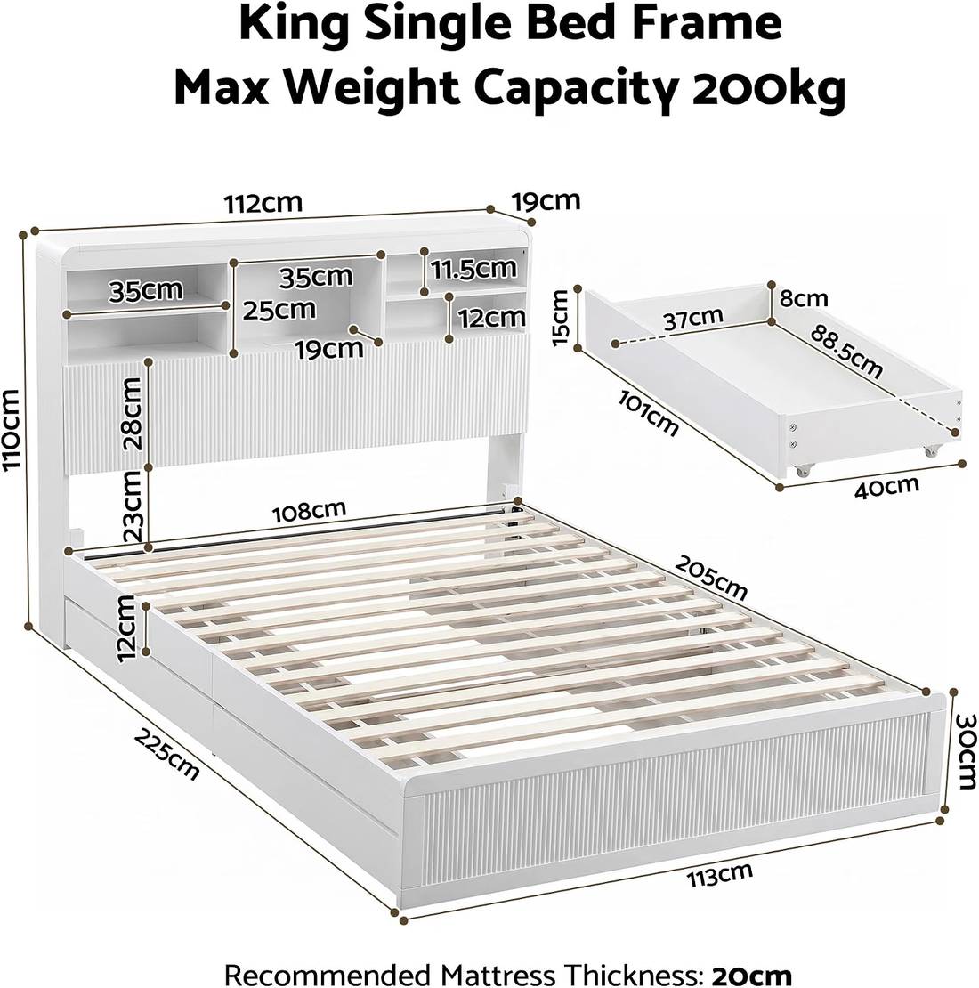 Artiss King Single Bed Frame and 2 Bedside Table Bedroom Furniture Set-Furniture > Bedroom > Beds &amp; Bed Frames-PEROZ Accessories