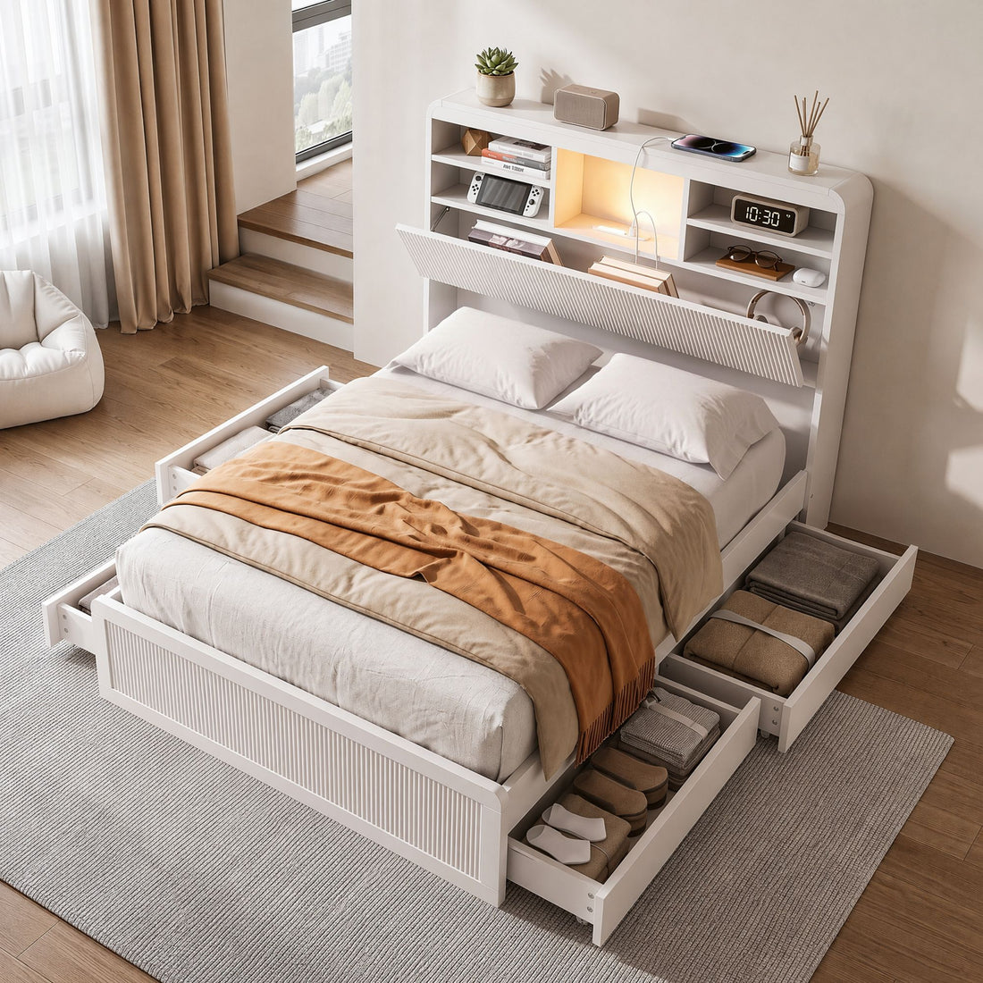 Artiss King Single Bed Frame with Storage, 4 Drawers, USB and Night Light White-Furniture > Bedroom > Beds &amp; Bed Frames-PEROZ Accessories