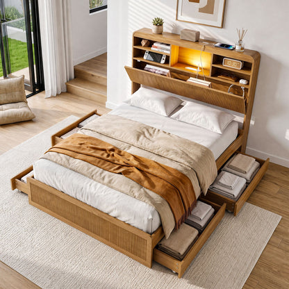 Artiss King Single Bed Frame with Storage, 4 Drawers, USB and Night Light Natural-Furniture > Bedroom > Beds &amp; Bed Frames-PEROZ Accessories
