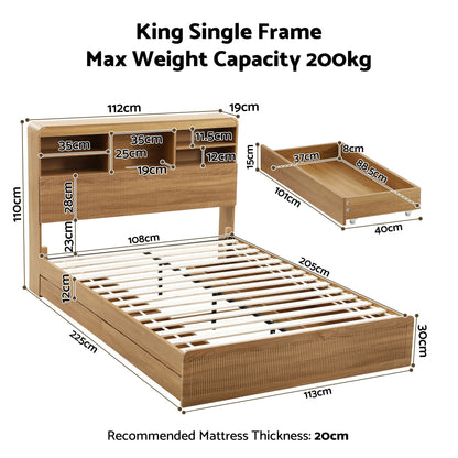 Artiss King Single Bed Frame with Storage, 4 Drawers, USB and Night Light Natural-Furniture > Bedroom > Beds &amp; Bed Frames-PEROZ Accessories