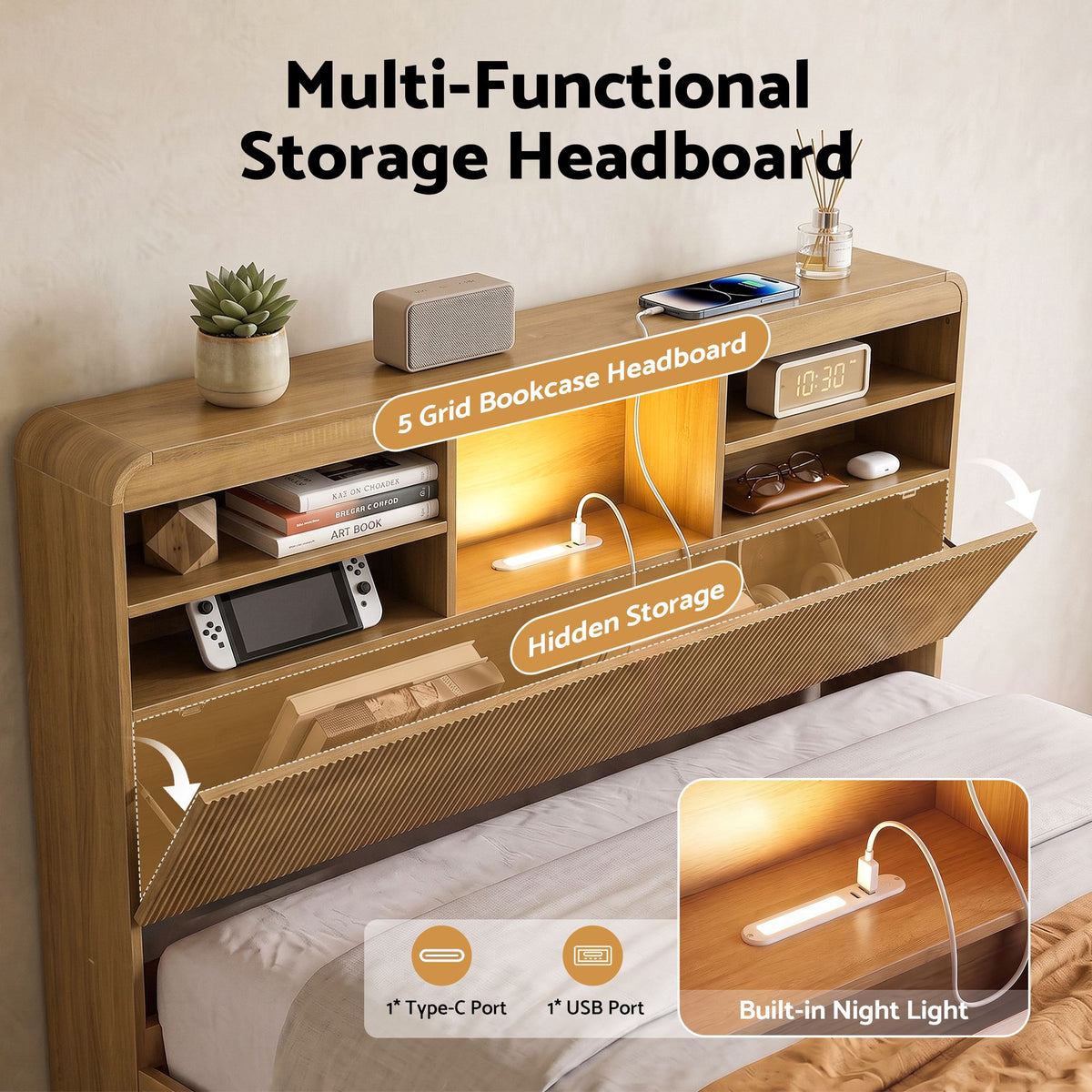 Artiss King Single Bed Frame with Storage, 4 Drawers, USB and Night Light Natural-Furniture > Bedroom > Beds &amp; Bed Frames-PEROZ Accessories