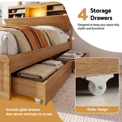 Artiss King Single Bed Frame with Storage, 4 Drawers, USB and Night Light Natural-Furniture > Bedroom > Beds &amp; Bed Frames-PEROZ Accessories