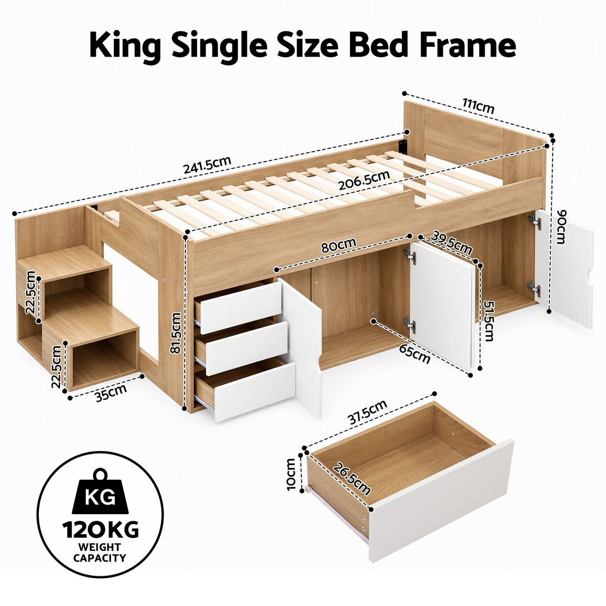 Artiss King Single Bed Frame with Storage, 3 Drawers and Two-Step Access, 2 Cabinets-Furniture > Bedroom > Beds &amp; Bed Frames-PEROZ Accessories