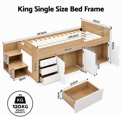 Artiss King Single Bed Frame with Storage, 3 Drawers and Two-Step Access, 2 Cabinets-Furniture > Bedroom > Beds &amp; Bed Frames-PEROZ Accessories