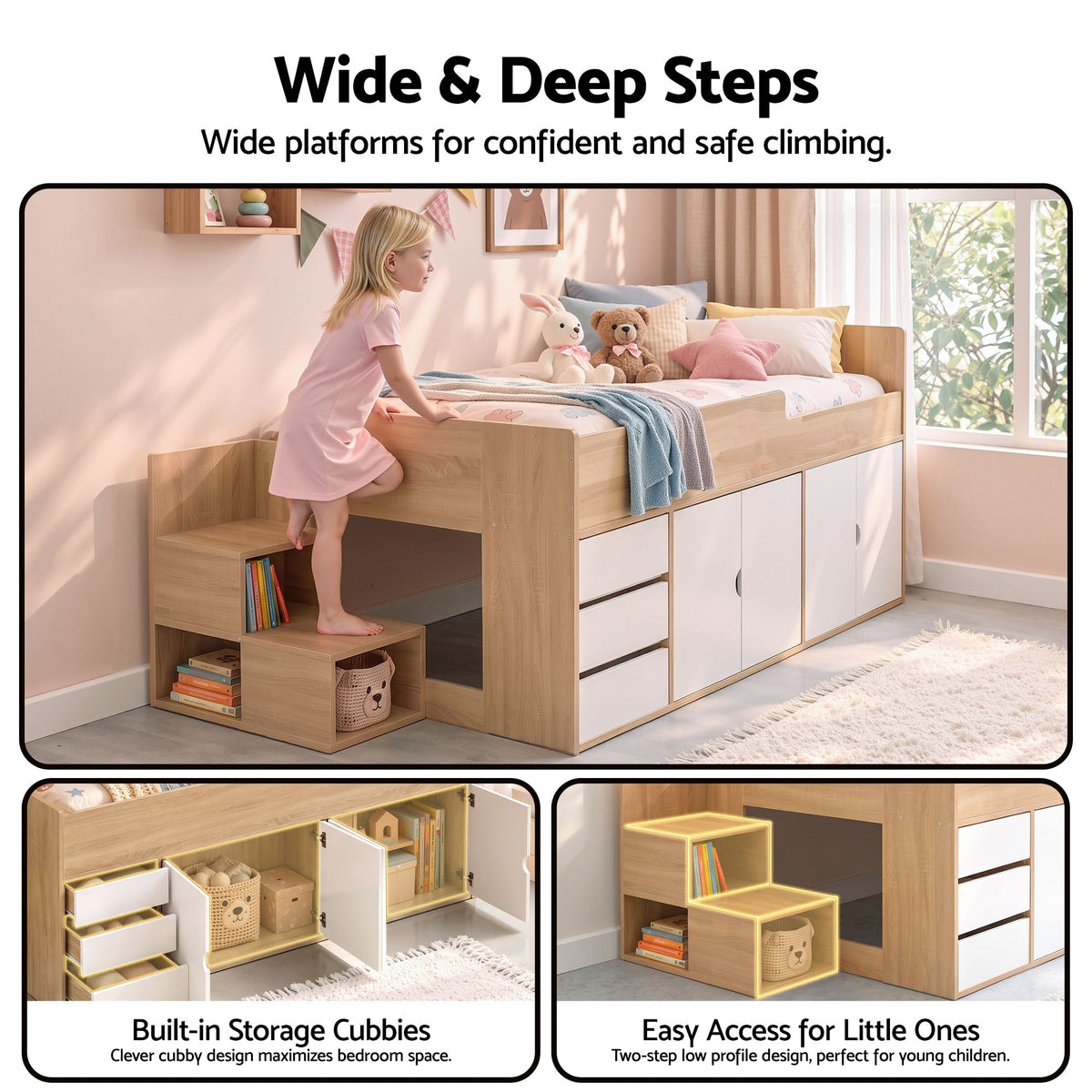 Artiss King Single Bed Frame with Storage, 3 Drawers and Two-Step Access, 2 Cabinets-Furniture > Bedroom > Beds &amp; Bed Frames-PEROZ Accessories