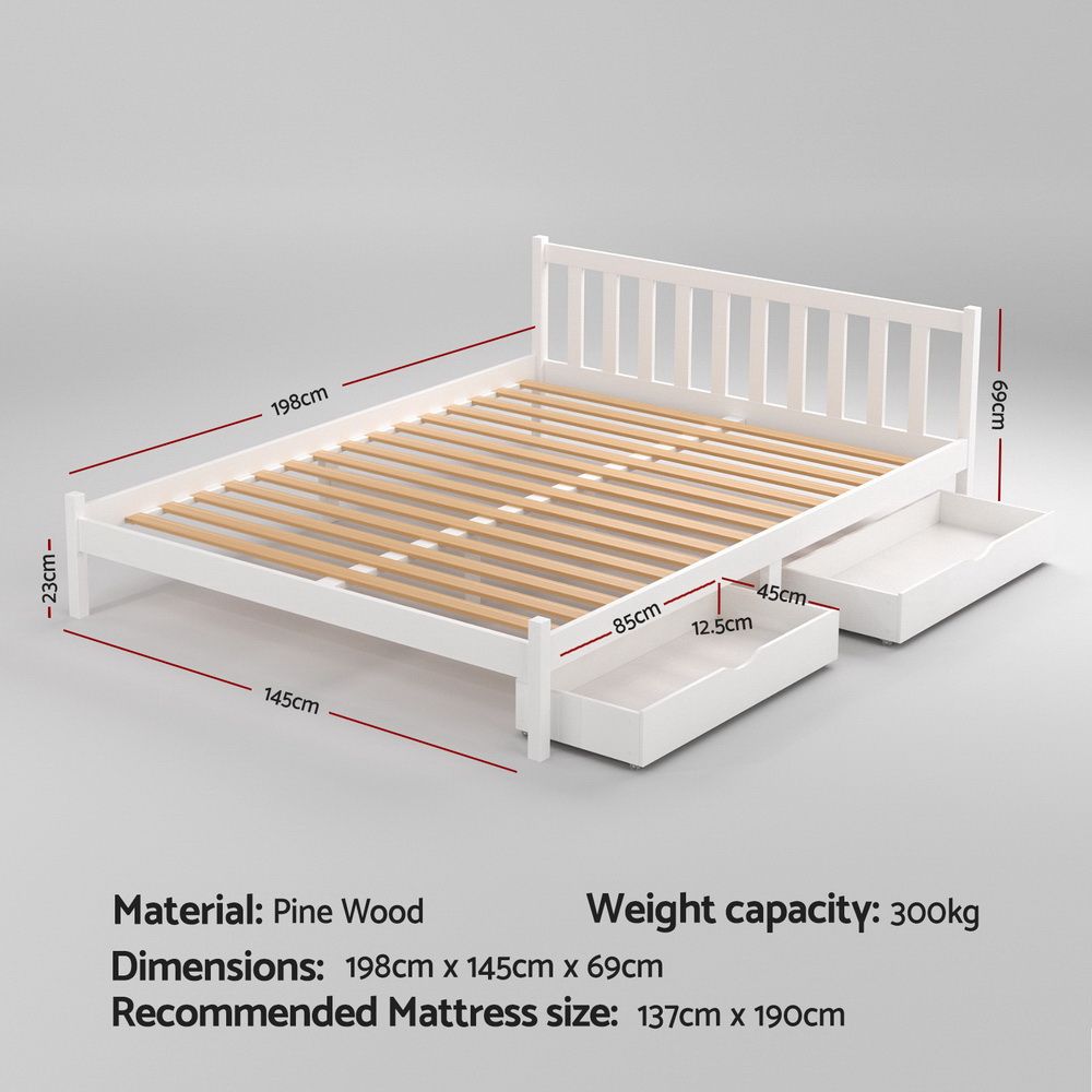 Artiss Bed Frame Double Size Wooden Platform with 2 Storage Drawers White SOFIE-Furniture > Bedroom > Beds &amp; Bed Frames-PEROZ Accessories