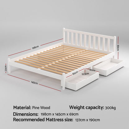 Artiss Bed Frame Double Size Wooden Platform with 2 Storage Drawers White SOFIE-Furniture > Bedroom > Beds &amp; Bed Frames-PEROZ Accessories