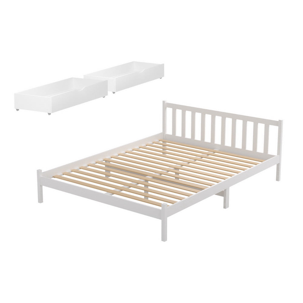 Artiss Bed Frame Double Size Wooden Platform with 2 Storage Drawers White SOFIE-Furniture &gt; Bedroom &gt; Beds &amp; Bed Frames-PEROZ Accessories