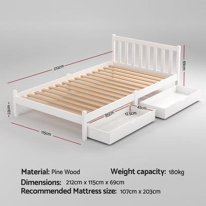 Artiss Bed Frame King Single Size Wooden Platform with 2 Storage Drawers White-Furniture > Bedroom > Beds &amp; Bed Frames-PEROZ Accessories