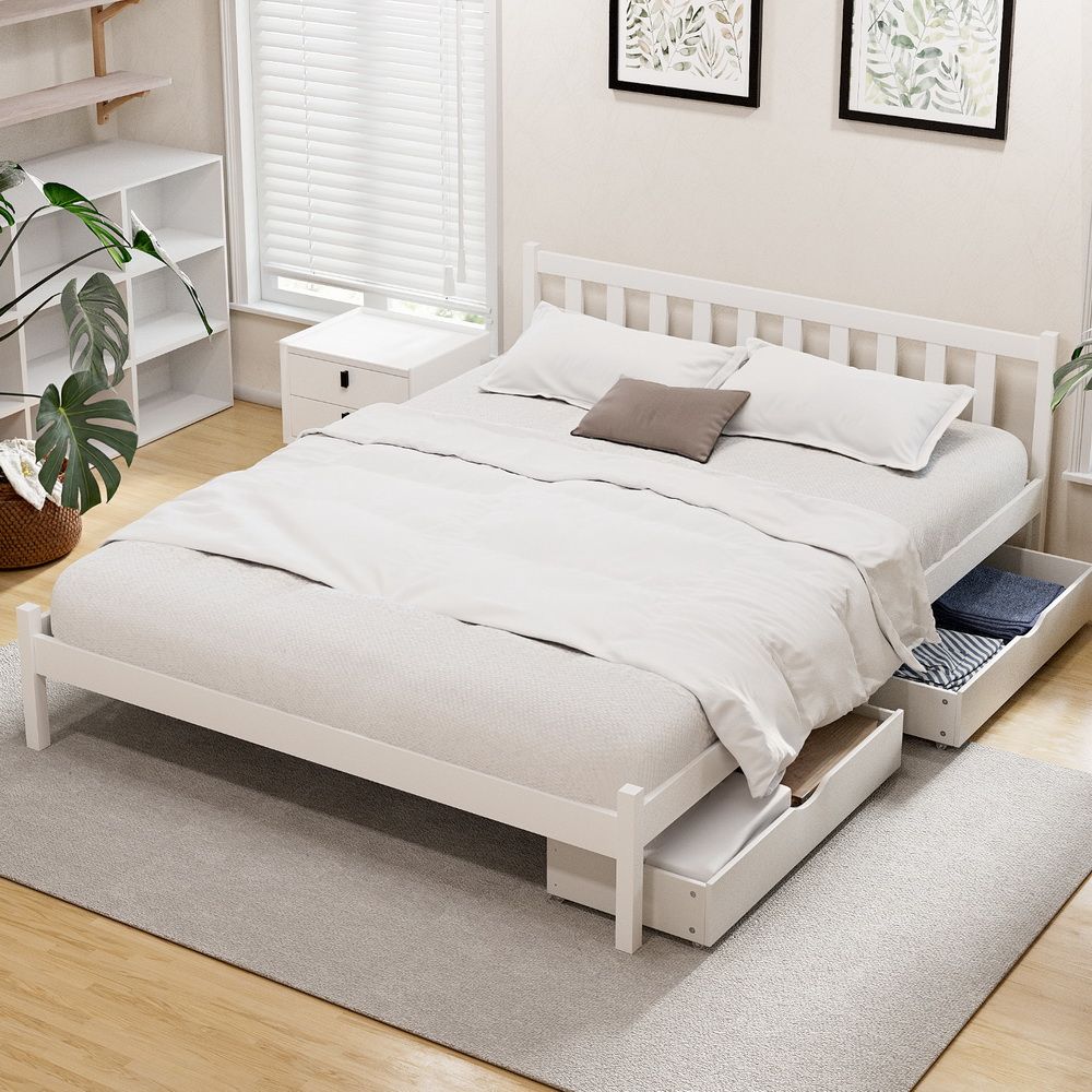 Artiss Bed Frame Queen Size Wooden Platform with 2 Storage Drawers White-Furniture > Bedroom > Beds &amp; Bed Frames-PEROZ Accessories