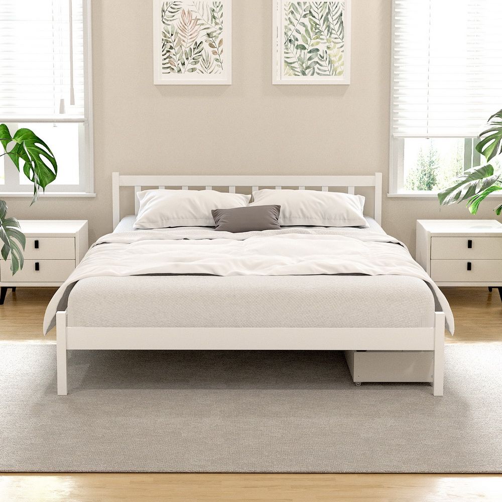 Artiss Bed Frame Queen Size Wooden Platform with 2 Storage Drawers White-Furniture > Bedroom > Beds &amp; Bed Frames-PEROZ Accessories
